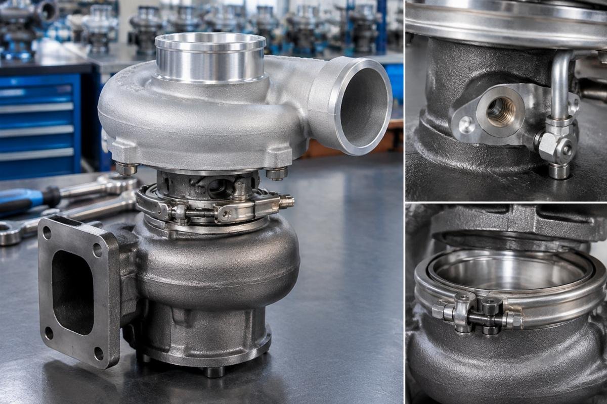 TD04L4 Turbocharger 436-1920 for CAT C3.3B showing oil port orientation and v-band flange