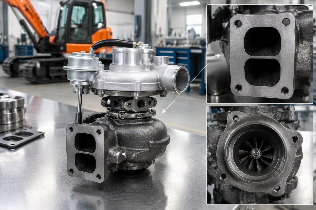 TD04L4 turbocharger assembly showing turbine housing flange and exhaust port orientation for Kubota KX080-4S fitment verification