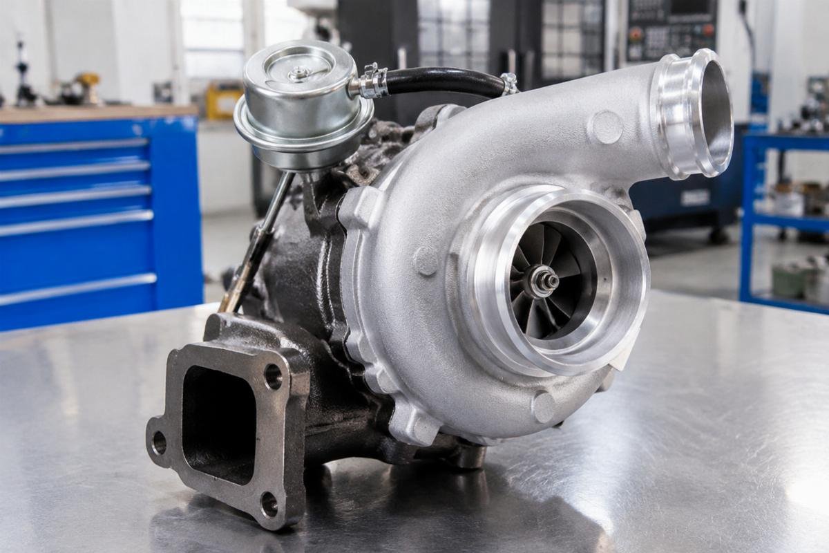 TD04L4 turbocharger for Kubota SVL75-2 showing compressor housing and exhaust inlet flange