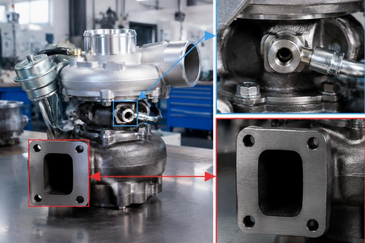 TD04L4 turbocharger oil port orientation and exhaust flange bolt pattern detail