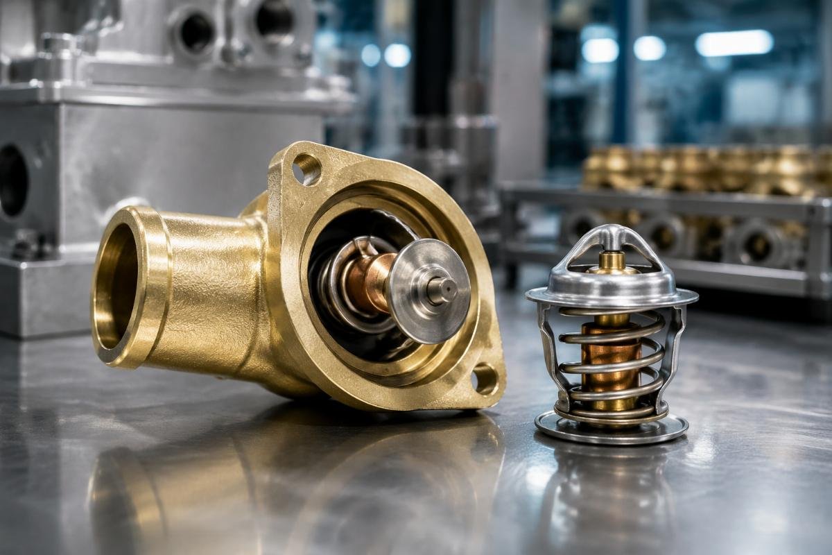 Thermostat 15321-73010 for Kubota D1105 D1403 cross reference fitment showing brass housing and wax-pellet actuator
