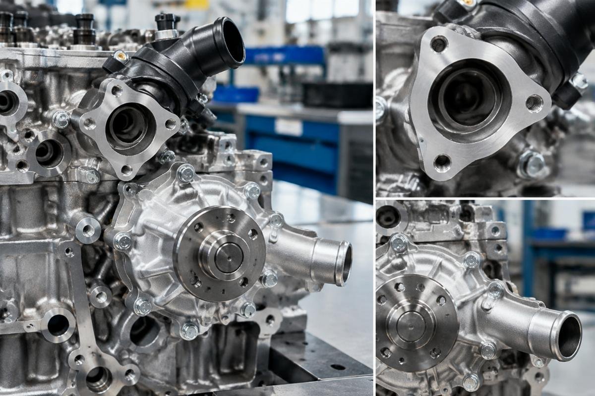 Thermostat housing bolt pattern and water pump port orientation detail