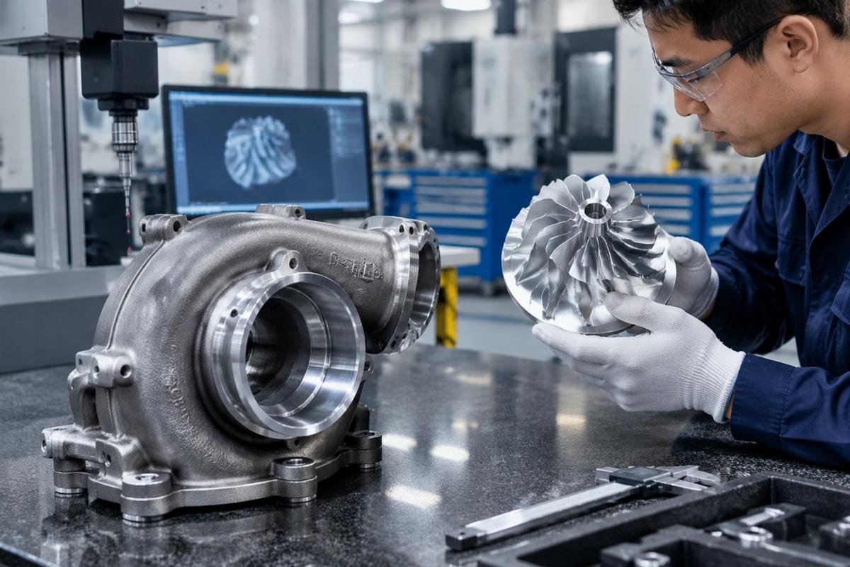 Turbine housing Ni-resist D5S alloy detail and compressor wheel 7075-T6 aluminum inspection