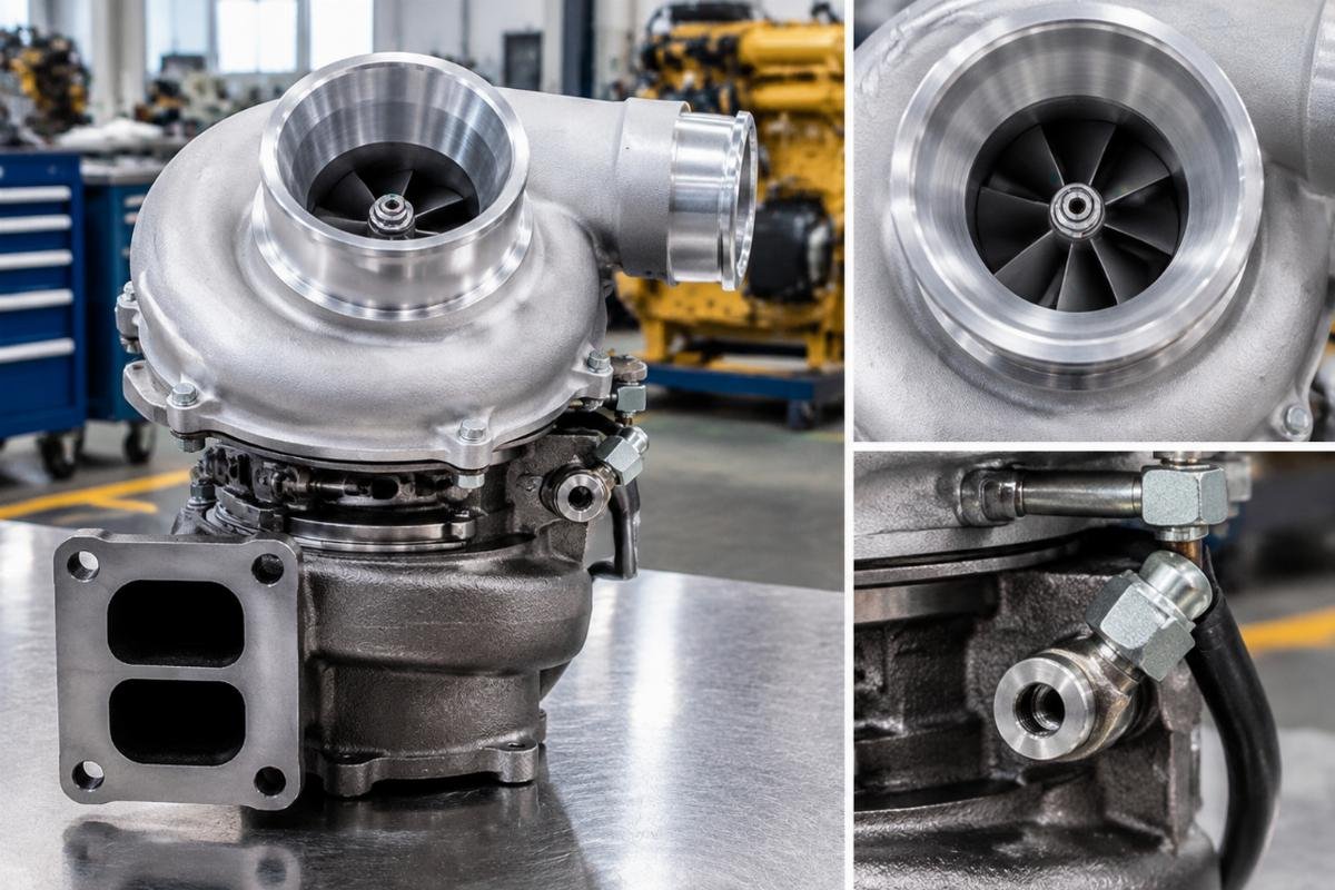 Turbocharger 482-8480 for CAT C3.8 showing compressor housing inlet and oil port orientation