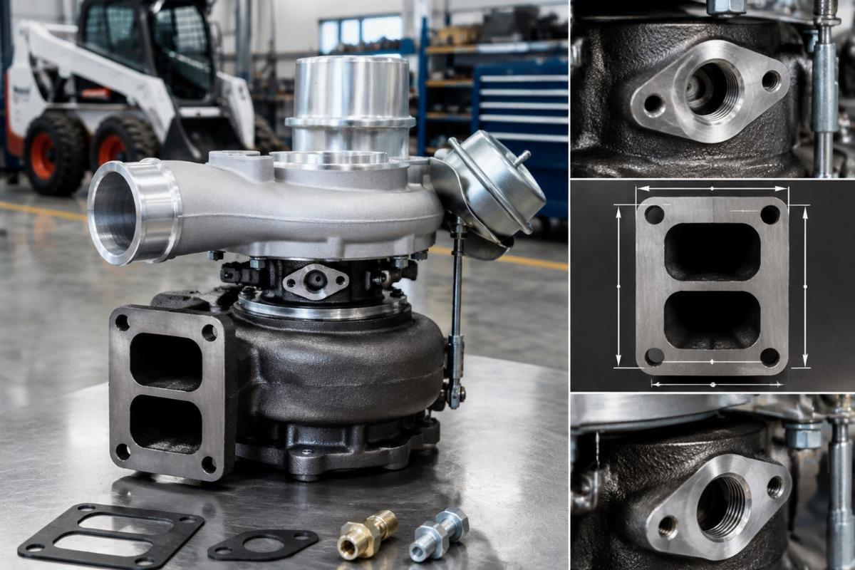 Turbocharger 6690633 oil port and flange dimensional detail for Bobcat skid steer fitment