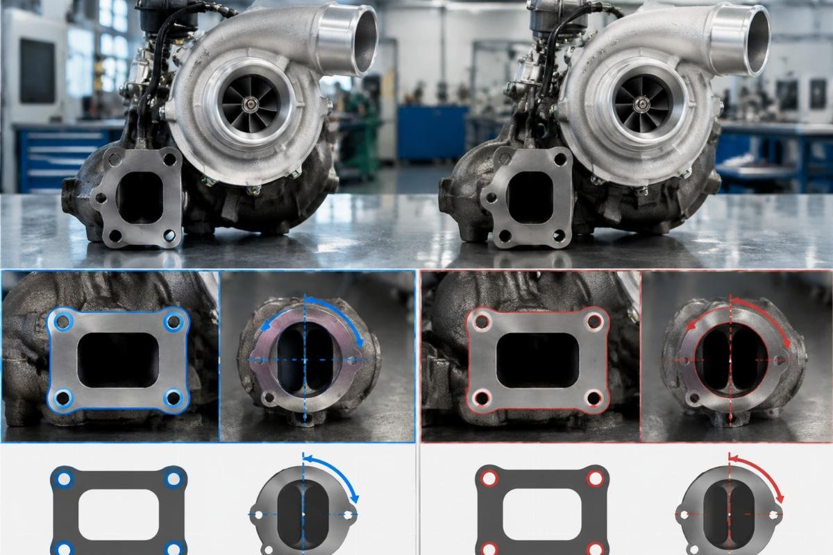 Turbocharger 7008469 manifold bolt pattern and exhaust port clocking comparison