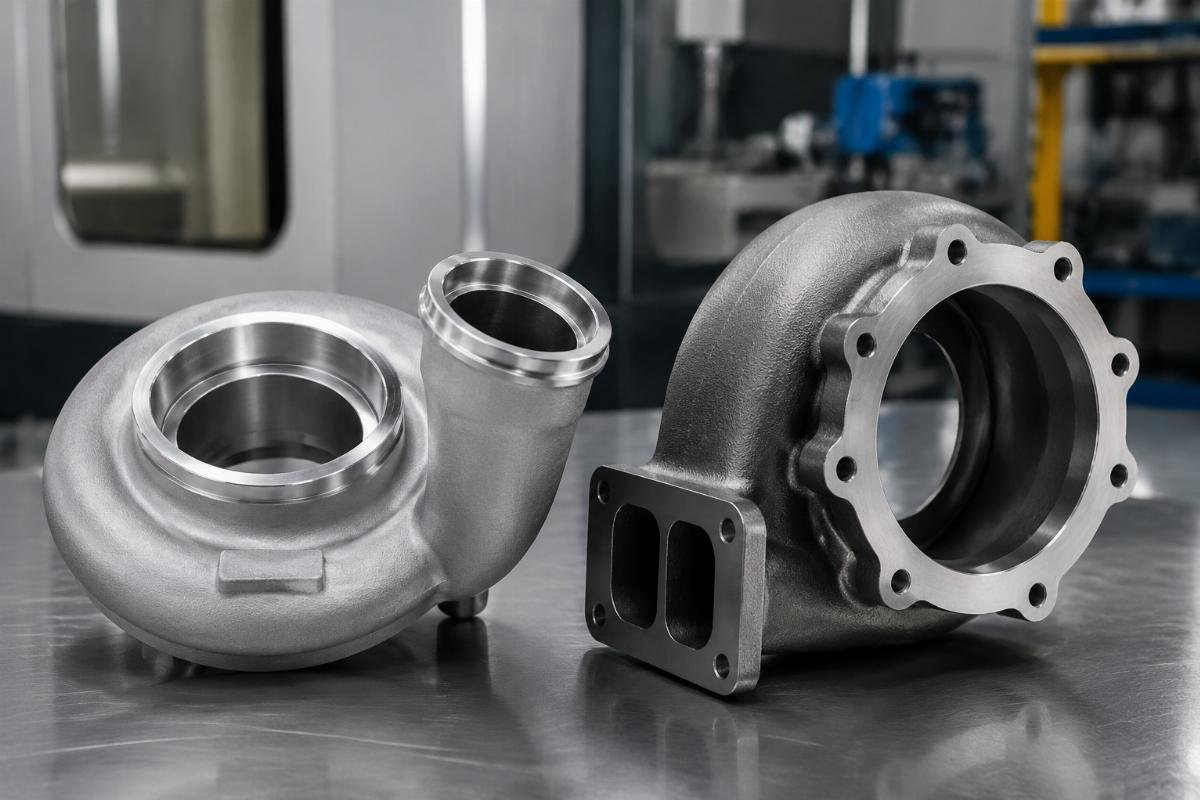 Turbocharger compressor housing and turbine housing detail showing sealing surface and outlet sizing for SVL65-2C