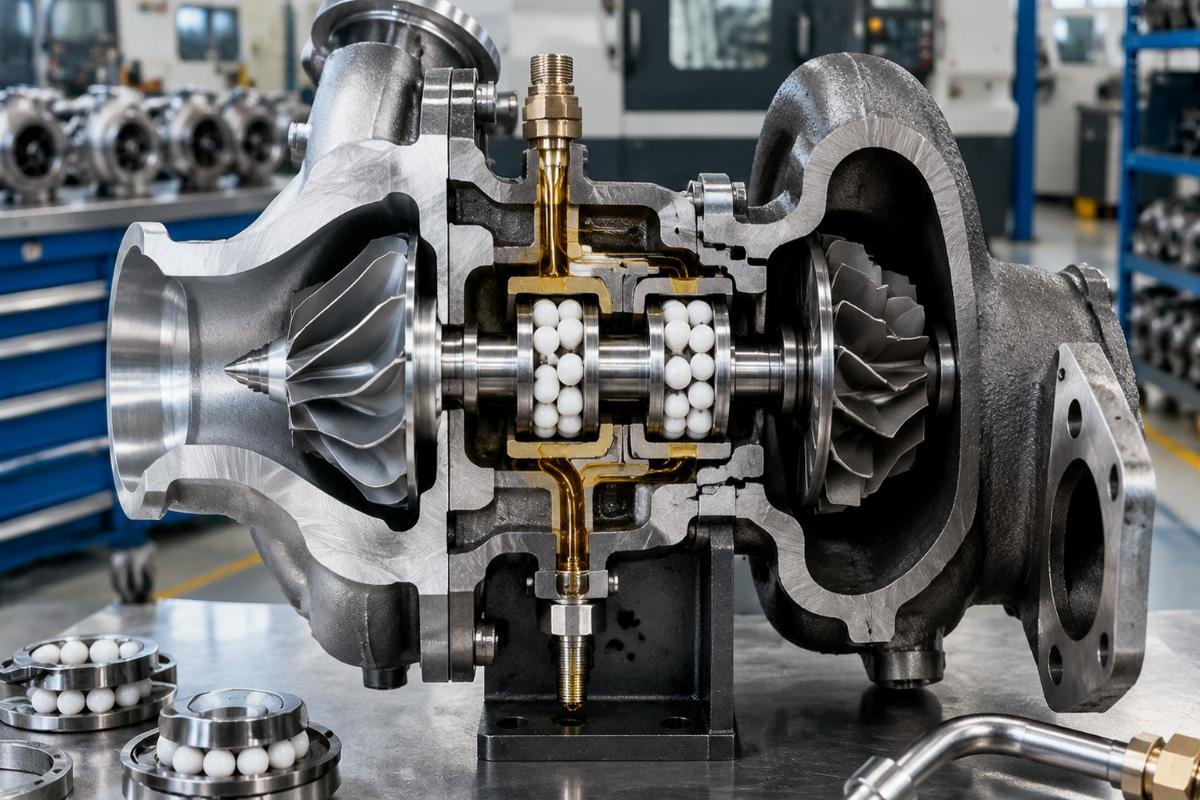 Turbocharger cross-section showing dual ceramic ball bearing arrangement and oil passage routing