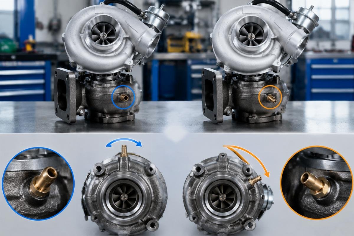 Turbocharger fitment comparison showing oil port clocking differences between variants