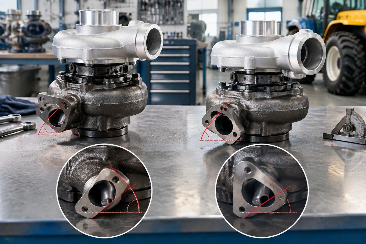 Turbocharger oil drain flange and compressor housing angle comparison for New Holland LS170