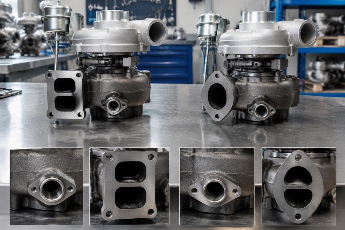 Turbocharger oil drain port and exhaust flange comparison for fitment verification