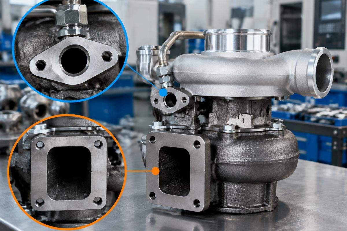 Turbocharger oil inlet flange and exhaust outlet port alignment detail