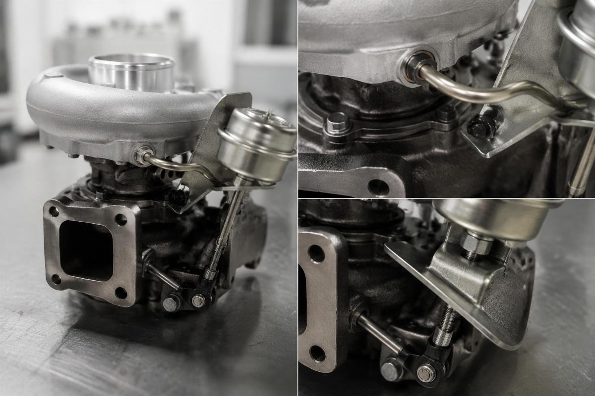 Turbocharger oil port alignment and actuator bracket fitment detail for Bobcat skid steer