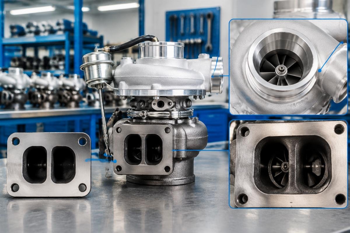 Turbocharger T422417 cross-reference identification showing flange and port detail