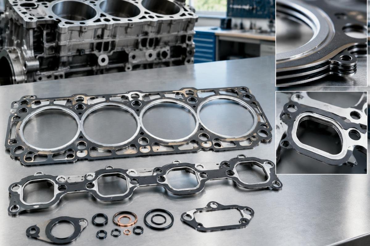 Upper and lower gasket kit for Cummins QSF3.8 showing MLS construction and port alignment