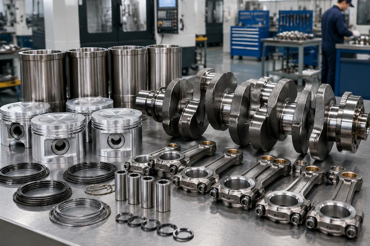 V3307 overhaul kit components including pistons, liners, crankshaft and connecting rods