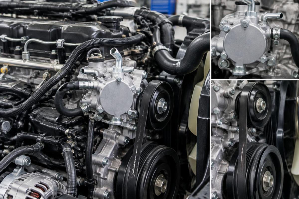 Vacuum Pump 904-862 installed on Isuzu NPR engine showing port orientation and belt alignment