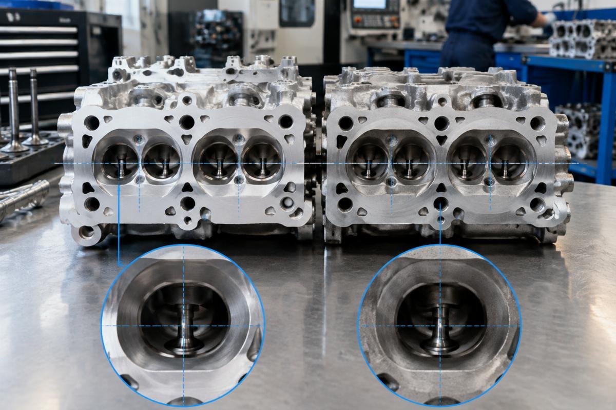 Valve port alignment comparison between replacement cylinder head and original unit