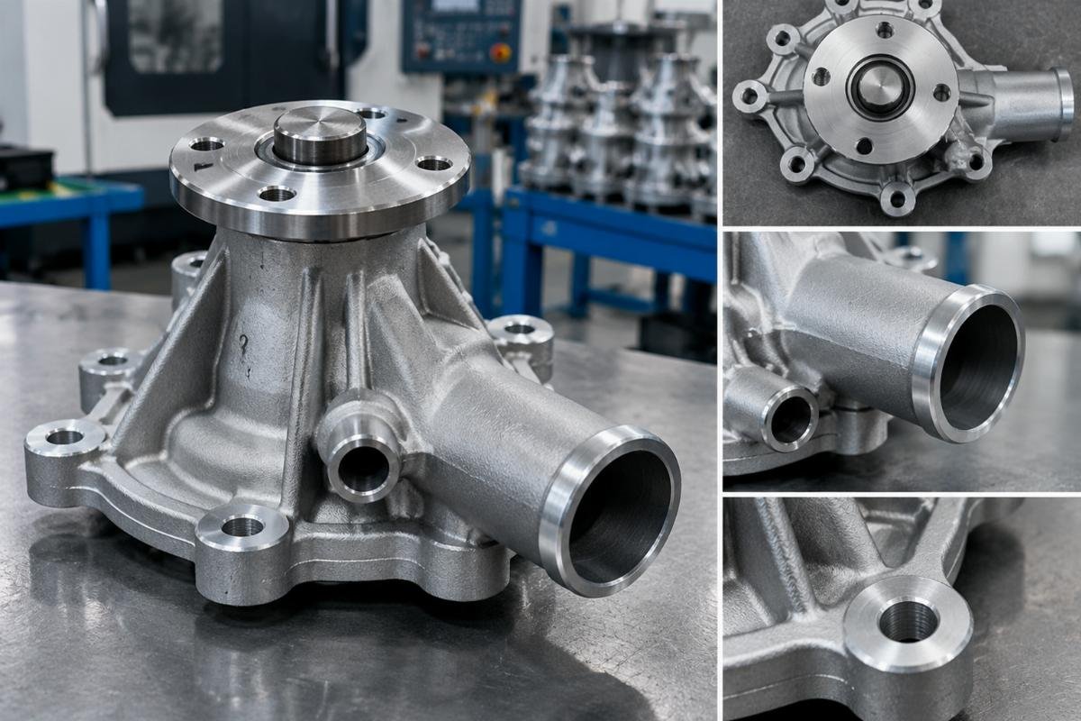 Water pump flange detail showing mounting hole pattern and port orientation