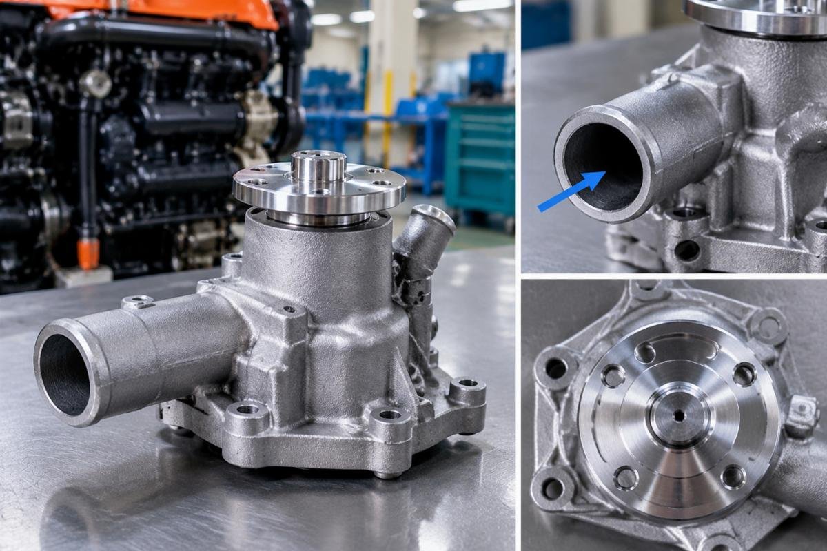 Water Pump for Kubota V2203 fitment detail showing inlet port orientation and mounting flange
