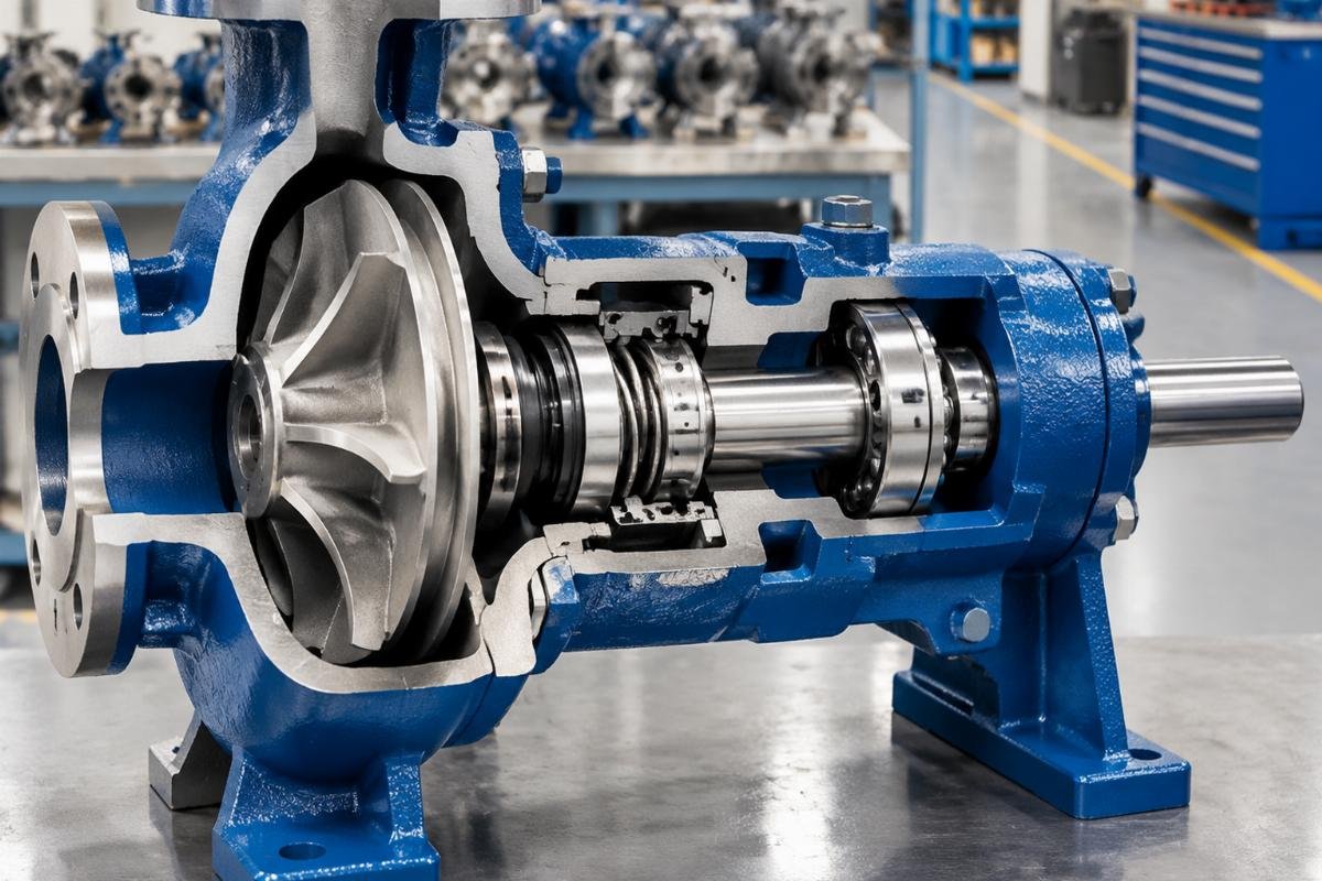 Water pump internal structure showing impeller, mechanical seal, and shaft assembly