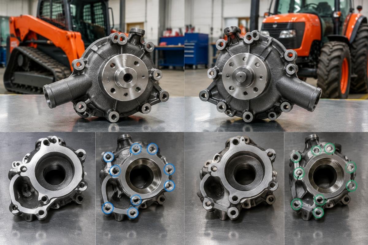 Water Pump mounting face and bolt pattern comparison for Kubota SVL75 and M6040 fitment verification